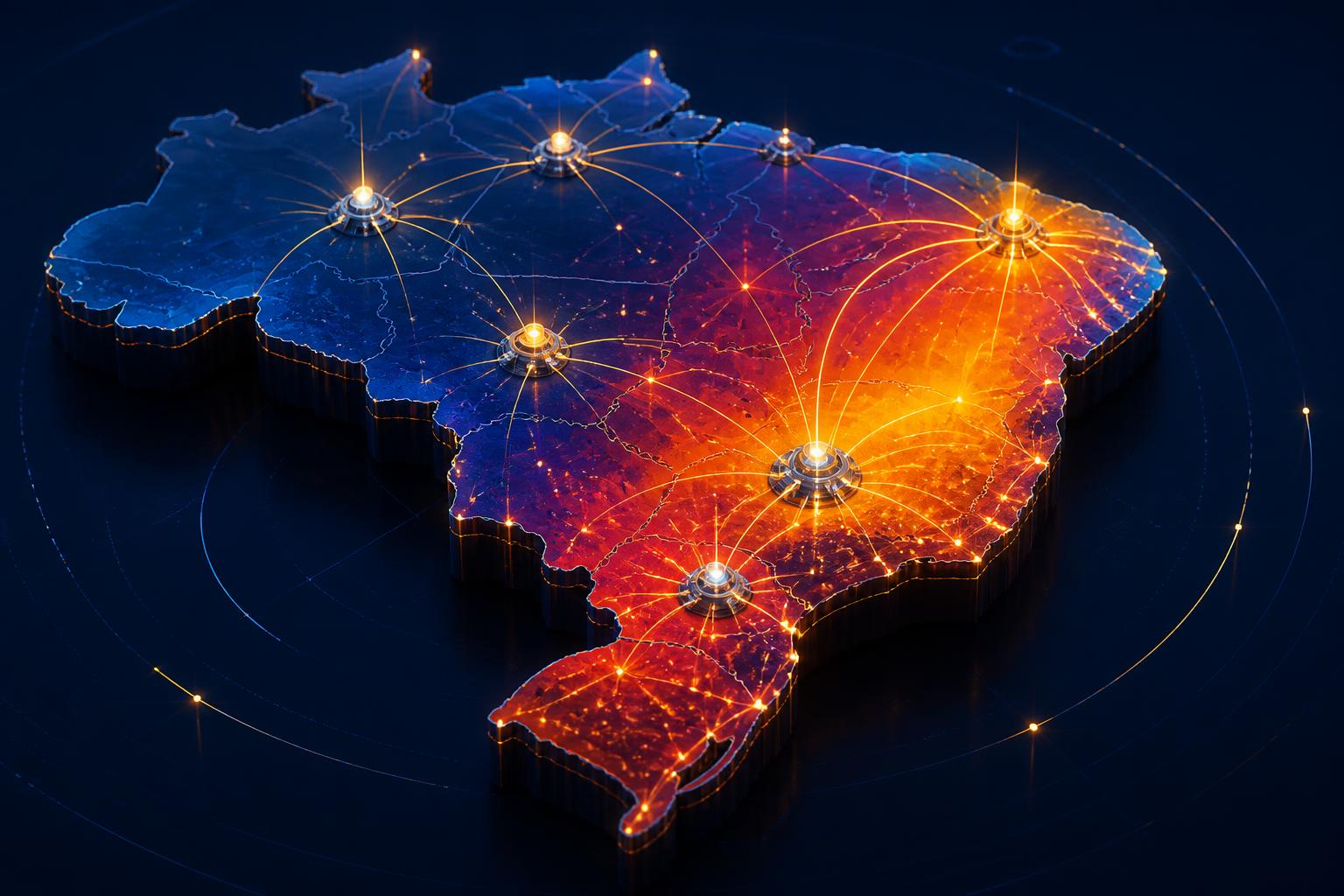 Mapa do Brasil com heatmap de alcance eleitoral, nodes de IA conectando regiões